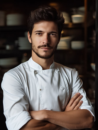 Portrait of a handsome young man chef in a restaurant kitchen.の素材