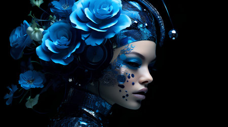 3D illustration of a beautiful woman with blue flowers in her hairの素材