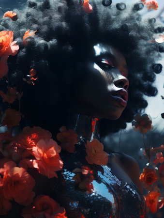 Beautiful african american woman with afro hairstyle and red flowersの素材