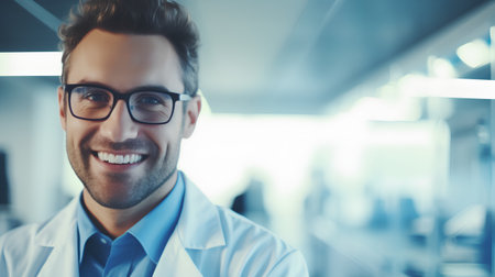 Portrait of a smiling male doctor in eyeglasses at hospitalの素材