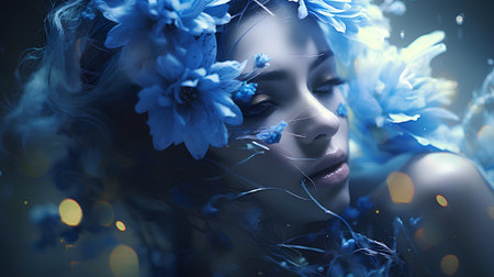 Beautiful young woman with blue flowers in her hair. Beauty, fashion.の素材