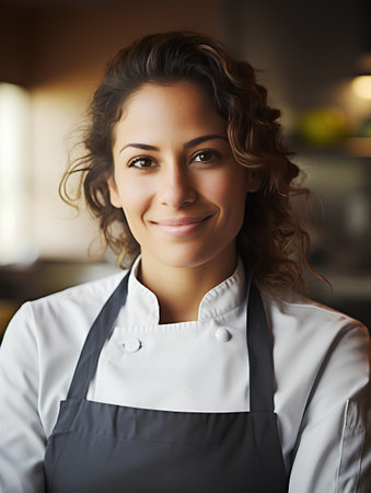 Portrait of a smiling female chef looking at camera in a restaurantの素材