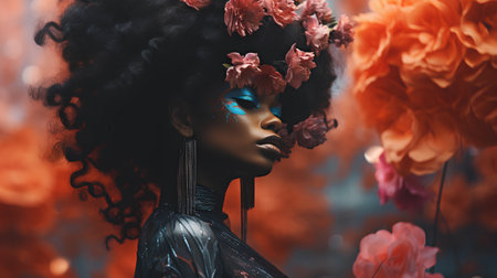 Beautiful african american woman with creative make up and flowers in her hairの素材