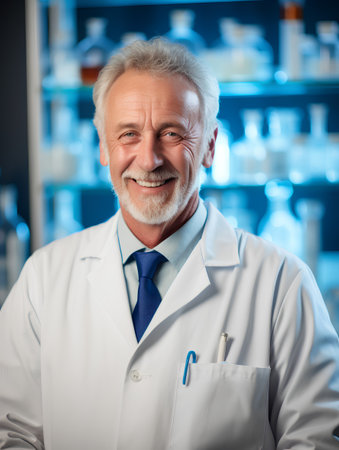 Portrait of a smiling senior male pharmacist standing in a drugstore.の素材