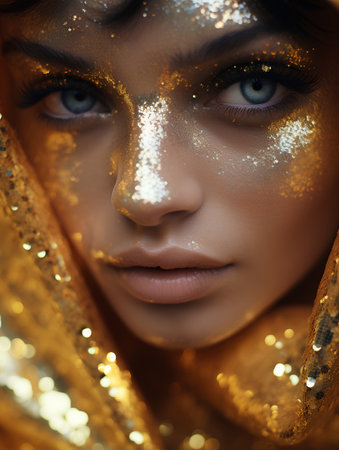 Fashion portrait of beautiful woman with golden make-up and sparkles.の素材