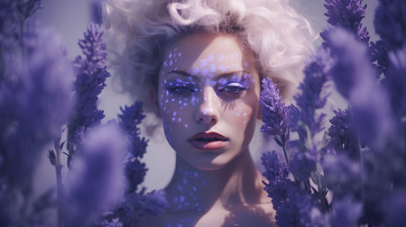 Beautiful woman with creative make-up and hairstyle in lavender fieldの素材