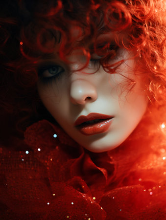 Portrait of a beautiful young woman with red curly hair and bright make-up.の素材
