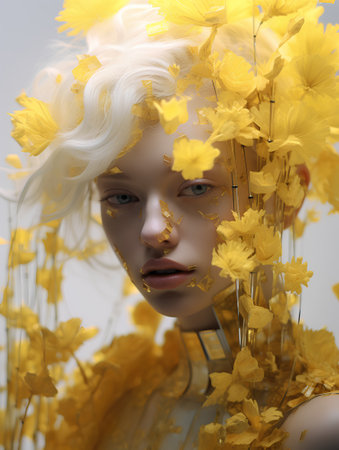 3d illustration of a beautiful woman surrounded by yellow flowers. Beauty, fashion.の素材