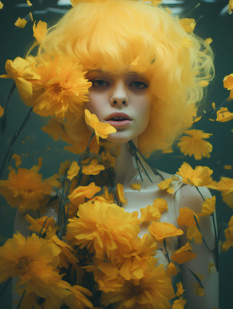 Fashion portrait of beautiful young woman with yellow hair and flowers.の素材