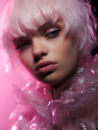 Portrait of a beautiful blonde girl with pink wig. Beauty, fashion.の素材
