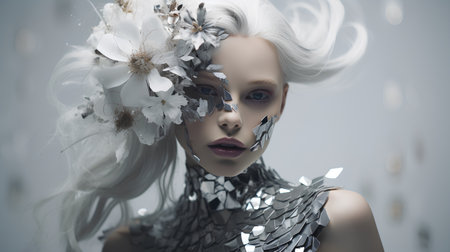 Fashion art portrait of beautiful blonde girl with flowers in her hair.の素材