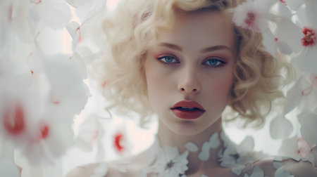 Portrait of a beautiful blonde girl with flowers in her hair.の素材