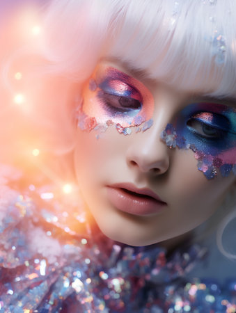 Portrait of a beautiful girl with bright makeup and sparkles. Beauty face. Picture taken in the studio.の素材