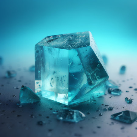 Ice cube on blue background with water drops. 3d illustration.の素材
