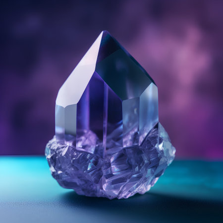 Amethyst on a blue background. 3D illustration. Macro.の素材