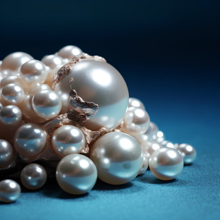 Pearl necklace on blue background. Shallow depth of field.の素材