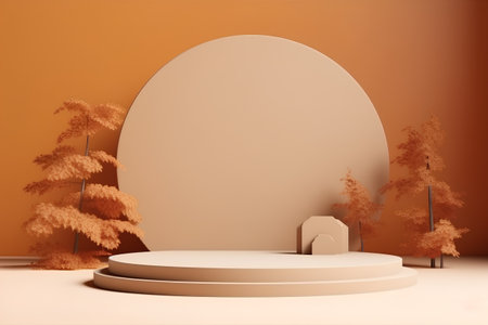 3d render of podium with autumn leaves on the orange background.の素材