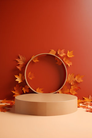 3d render, abstract geometric forms, autumn leaves, round podium for product presentation.の素材