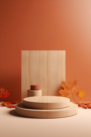 3d render, abstract geometric forms, podium for product display, autumn leaves, minimal designの素材