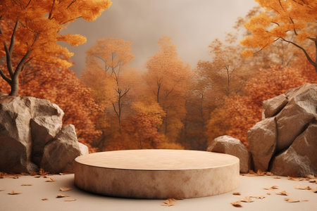 3d render of autumn scene with pedestal and fallen leaves.の素材