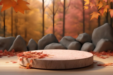 Autumn scene with wooden podium and fallen leaves, 3d renderの素材