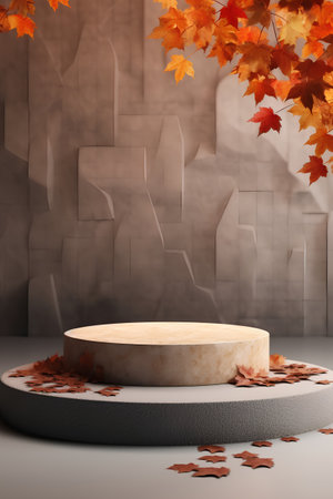 3d render, abstract background with autumn leaves, podium for product displayの素材