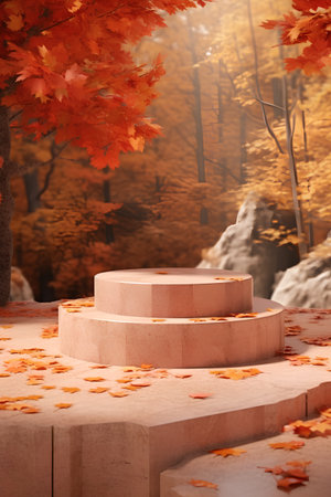 Autumn scene with podium and fallen leaves. 3d render.の素材