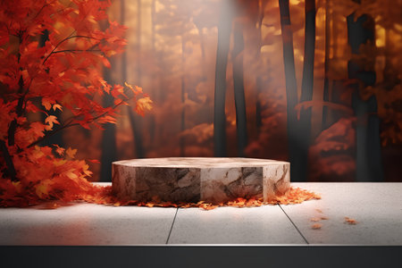Autumn scene with empty podium and fallen leaves. 3d renderの素材