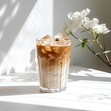 Iced coffee in a tall glass on a white background with flowersの素材