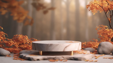 Autumn scene with round podium and fallen leaves. 3d renderの素材