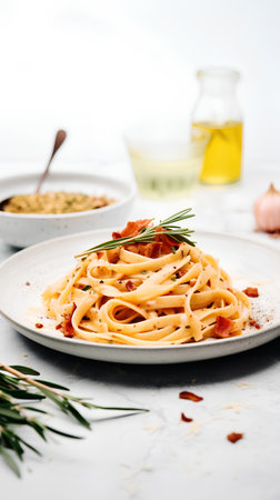 Spaghetti Carbonara with bacon and rosemary on white background.の素材