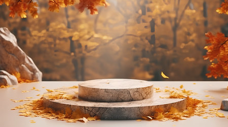 Autumn scene with podium and fallen leaves. 3d render.の素材