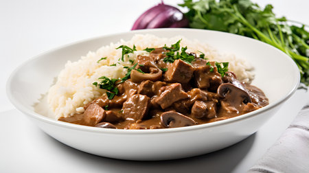Beef stroganoff with rice and parsley on white backgroundの素材
