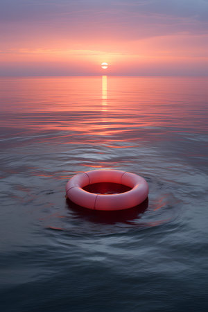 Lifebuoy floating in the sea at sunset. 3D renderingの素材