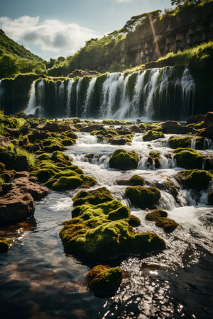 Mossy rocks on the background of a small waterfall in the mountainsの素材