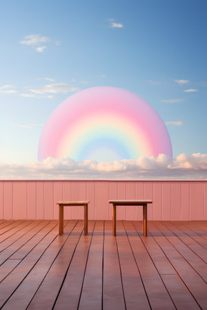 Wooden table and chair on the terrace with rainbow sky backgroundの素材