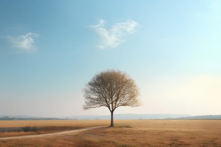 Lonely tree in a meadow with a blue sky backgroundの素材