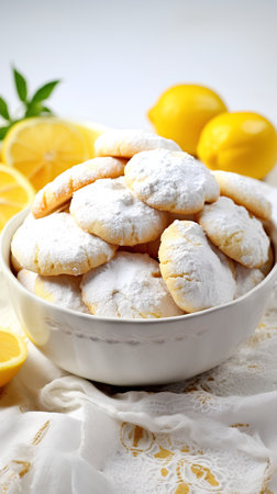 Lemon cookies with powdered sugar on a light background. Selective focus.の素材