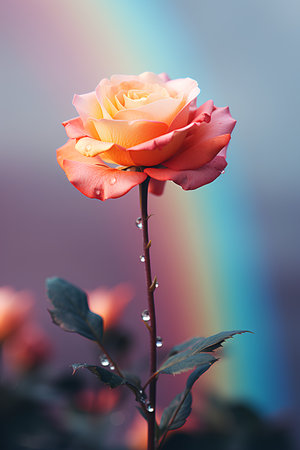 Beautiful orange rose flower with water drops on petals on blurred backgroundの素材