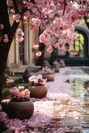 Cherry blossoms in a vase on the background of the streetの素材