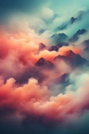 Mountain landscape with clouds at sunset. Computer generated 3D illustrationの素材