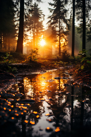 Sunset in the forest with puddles and rays of lightの素材