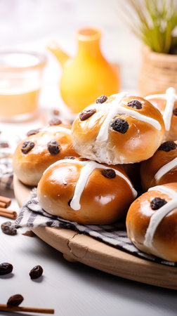 Hot cross buns with raisins on a wooden board. Selective focus.の素材