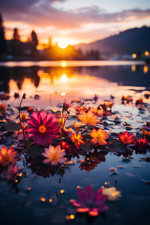 Beautiful pink lotus flower in the pond with sunset background.の素材