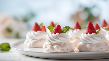Mini Pavlova meringue cookies with fresh strawberry and mint on white plate.の素材