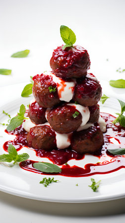 Meatballs with cranberry sauce and mint on a white background.の素材