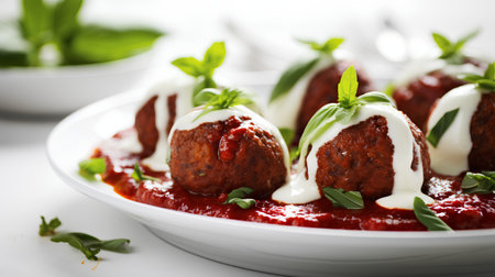Meatballs with tomato sauce and basil on a white background. Selective focus.の素材