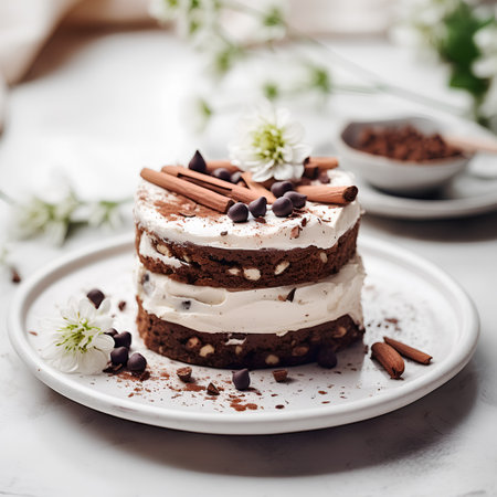 Chocolate cake with cream and chocolate chips on a white background.の素材