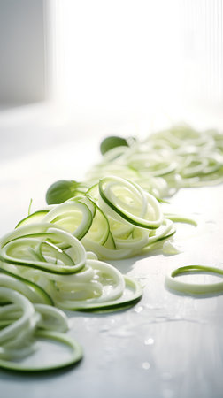 Sliced zucchini on a white background. Selective focus.の素材