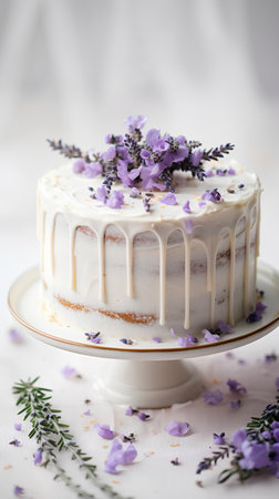 Lavender cake with fresh lavender flowers on a white backgroundの素材